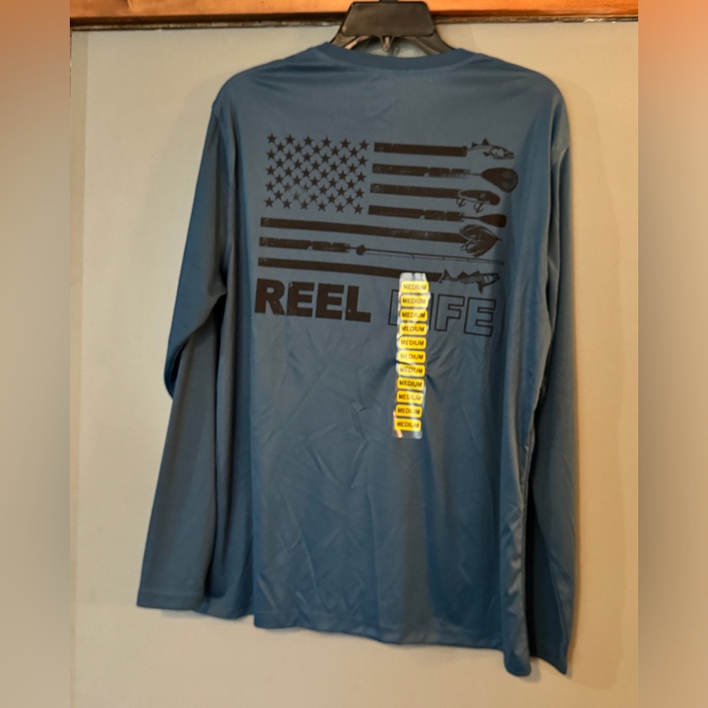 NEW Reel Life Fishing T Shirt Mens M Dark Teal Flag Sun Defender Long Sleeve
